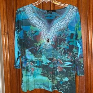 B.L.E.U. Teal and Green Patterned Blouse